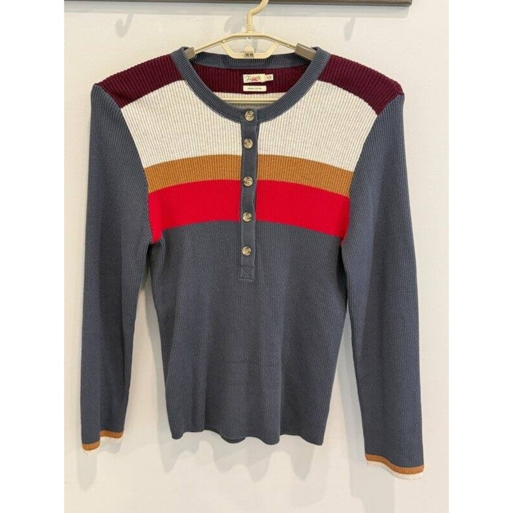 Faherty Mikki Organic Cotton Cashmere Henley Top Ribbed Striped Long Sleeve XL